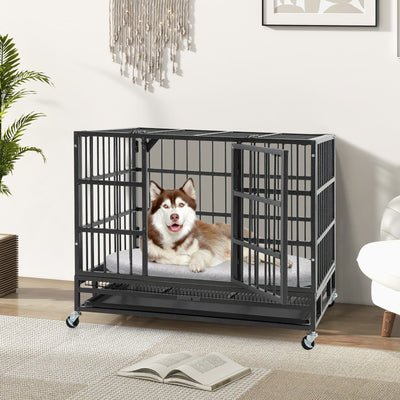 48 Inch Foldable Heavy-Duty Metal Dog Cage with Lockable Rolling Casters and Tray