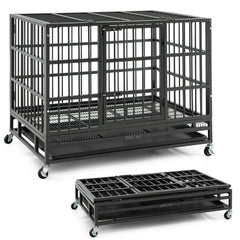 48 Inch Foldable Heavy-Duty Metal Dog Cage with Lockable Rolling Casters and Tray
