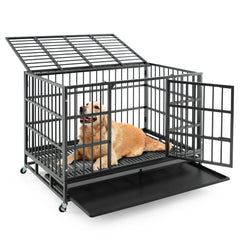 48 Inch Foldable Heavy-Duty Metal Dog Cage with Lockable Rolling Casters and Tray