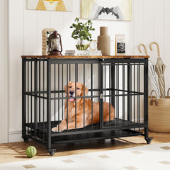 Foldable Dog Crate Furniture with Removable Tray and Lockable Door